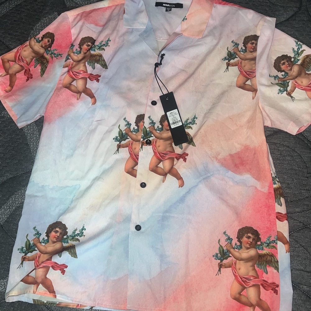 Fashion Nova Angel Print Casual Button Down Shirt - Pink and Blue
